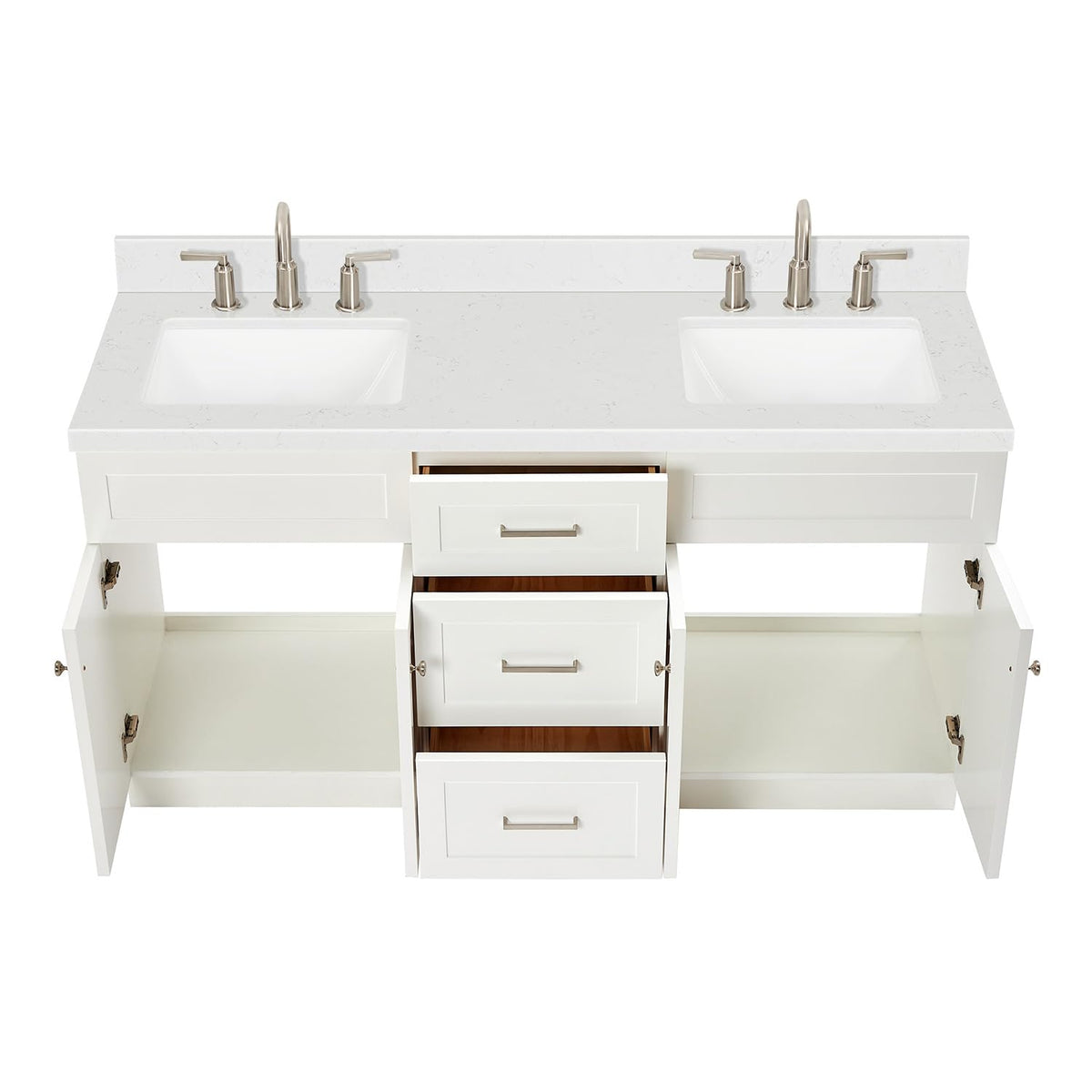 DKB Isabella 66" White Double Bathroom Vanity with 1.5" Carrara Quartz Countertop, Double Rectangular Undermount Sinks, 4 Soft Closing Doors, 6 Dovetail Drawers