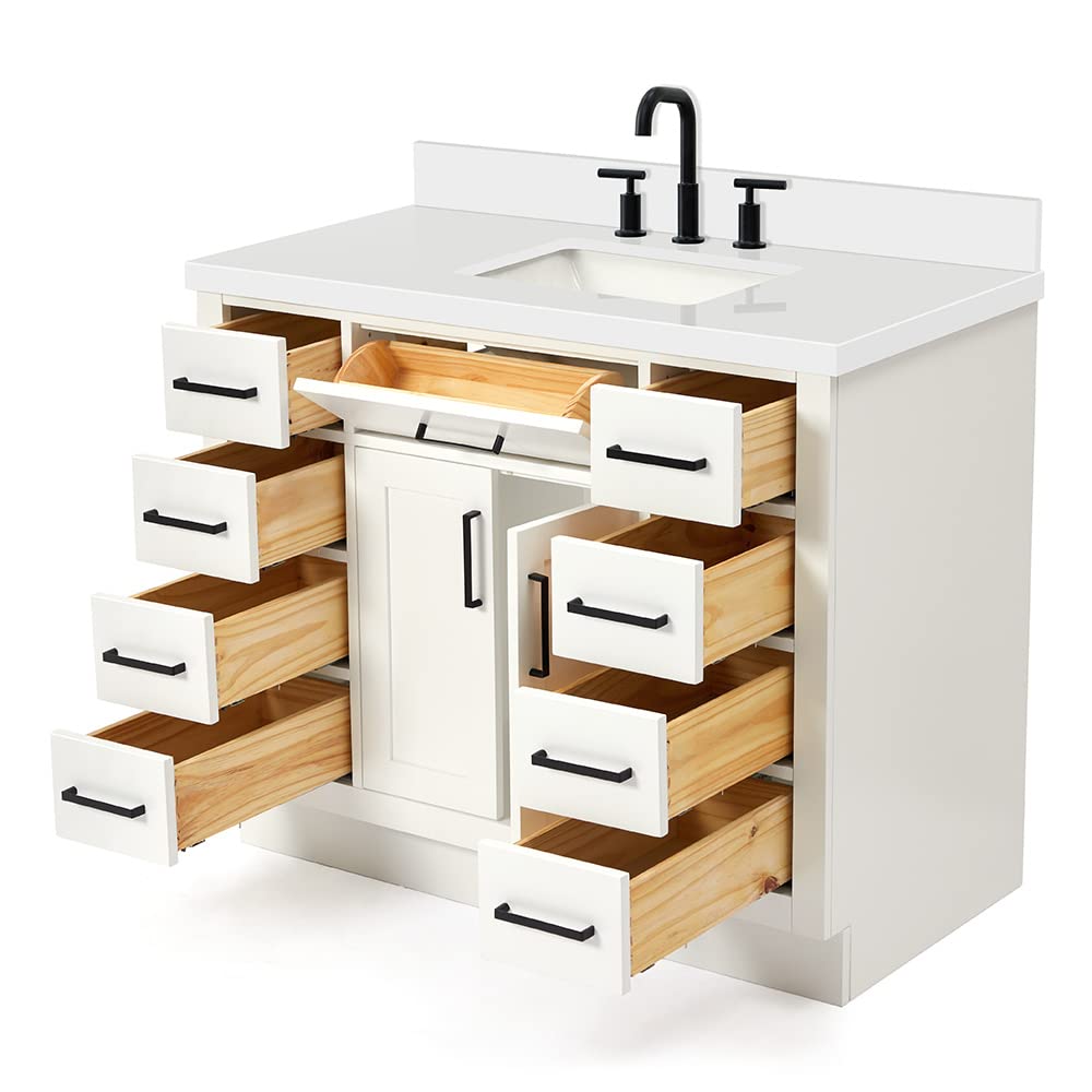 DKB Beckford 42-Inch White Bathroom Vanity with Sink, Solid Wood Base Cabinet, 1.5" White Quartz Countertop, Rectangular Sink, 2 Soft Closing Doors, 9 Drawers