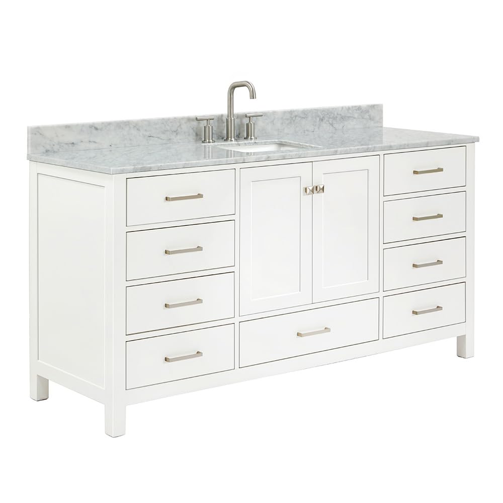 ARIEL Cambridge 66-inch Bathroom Vanity with Sink,Solid Wood, 1.5-inch Italian Carrara Marble Countertop, Single Rectangular Porcelain Sink, 2 Soft Closing Doors, 9 Dovetail Drawers, Midnight Blue