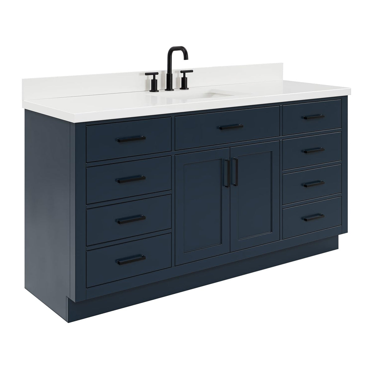 ARIEL Hepburn 66-inch Bathroom Vanity with Sink,Solid Wood, 1.5-inch Pure White Quartz Countertop & Backsplash, Single Rectangular Porcelain Sink, 2 Soft Closing Doors, 9 Dovetail Drawers, White