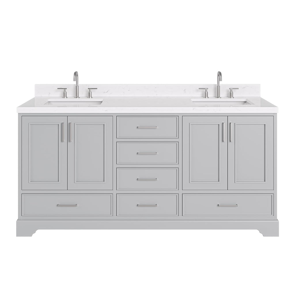 DKB Emilia 72 Inch Bathroom Vanity Double Sink â White Bathroom Vanity with Sink, 1.5" Edge Carrara White Quartz Countertop & Backsplash, 4 Soft-Close Doors, and 6 Dovetail Drawers