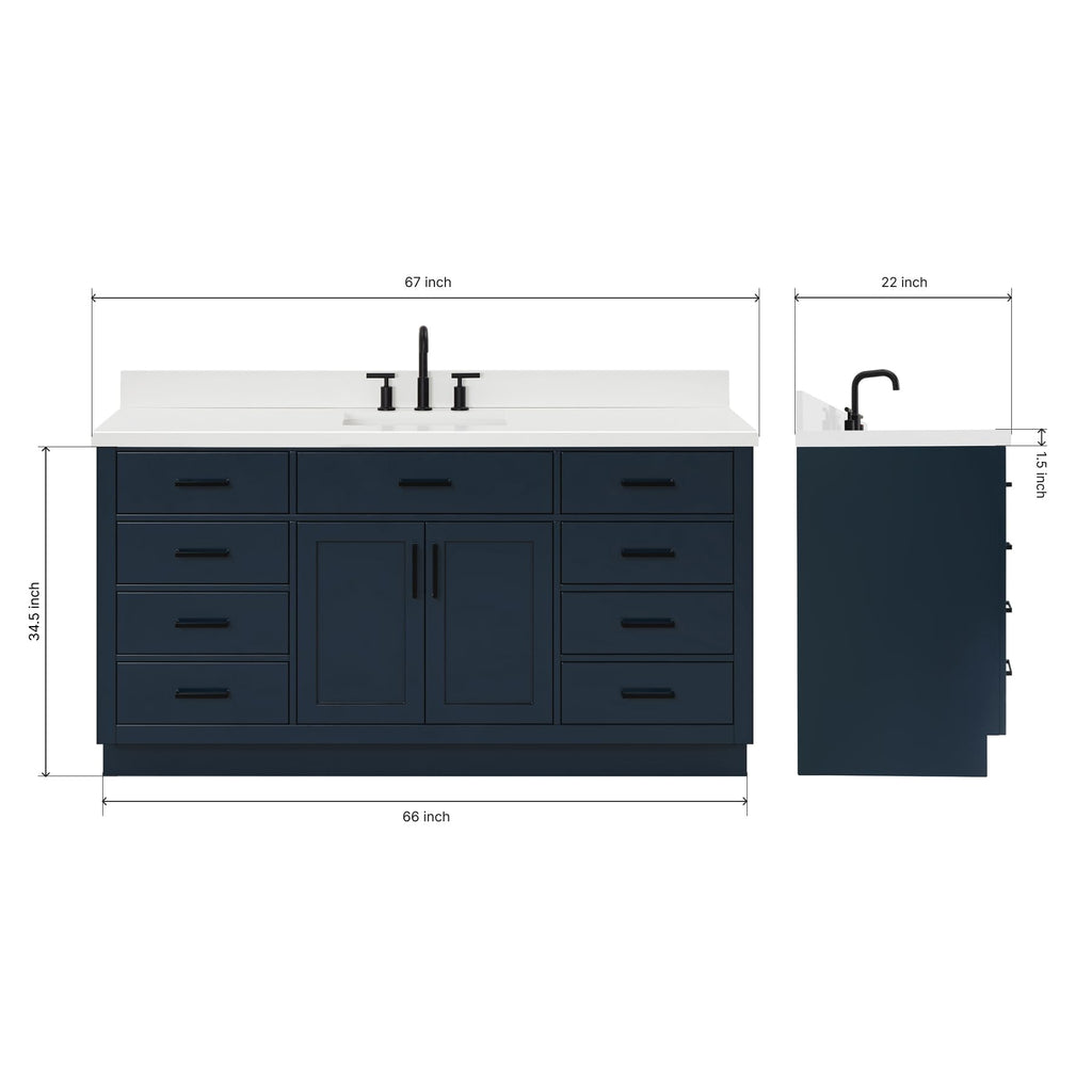 ARIEL Hepburn 66-inch Bathroom Vanity with Sink,Solid Wood, 1.5-inch Pure White Quartz Countertop & Backsplash, Single Rectangular Porcelain Sink, 2 Soft Closing Doors, 9 Dovetail Drawers, White