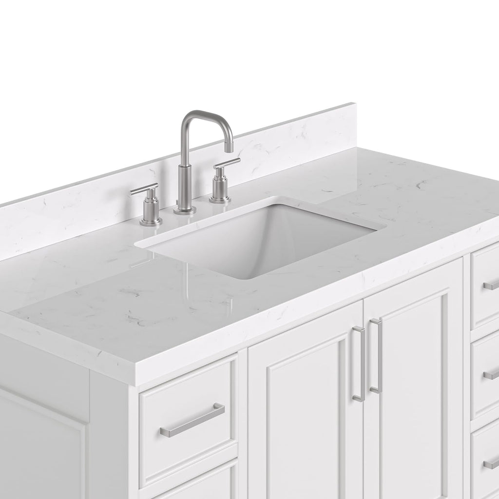 DKB Emilia 48-Inch Bathroom Vanity with Sink â Midnight Blue Single Sink Bathroom Vanity, 1.5" Edge Carrara Quartz Countertop, Solid Wood, 2 Soft Closing Doors, 9 Dovetail Drawers
