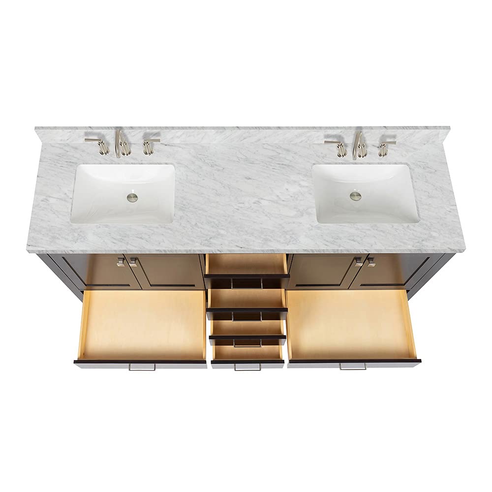 DKB Isabella 72" Oak Double Bathroom Vanity with Sink, 1.5" Carrara White Marble Countertop, Rectangle Undermount Sinks, 4 Soft Closing Doors, 6 Dovetail Drawers