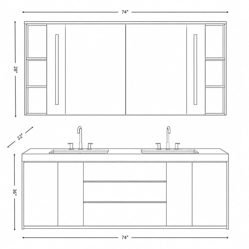 76 IN Freestanding Double Bathroom Vanity with Vessel Sinks & LED Mirror