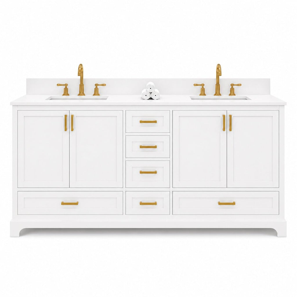 Ayna Decors Maya 72 Inch Double Vanity with Sink and Pre Drilled Faucet Holes Quartz Top in Charcoal Grey, Freestanding Bathroom Vanities with Soft Close Doors and Drawers - Brushed Gold Hardware