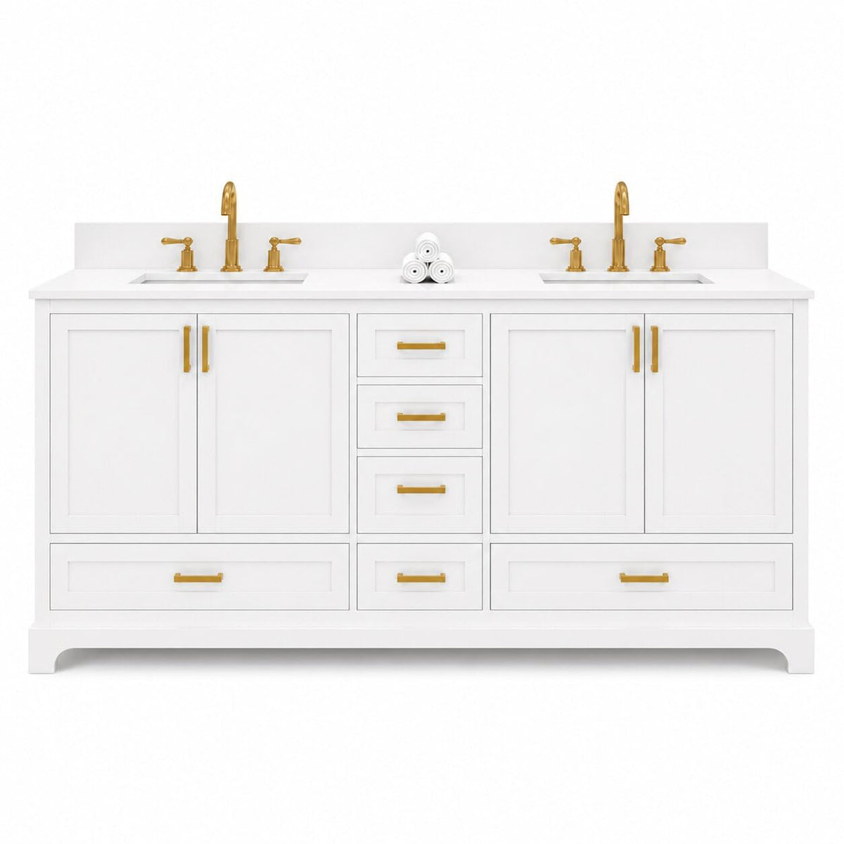 Ayna Decors Maya 72 Inch Double Vanity with Sink and Pre Drilled Faucet Holes Quartz Top in Charcoal Grey, Freestanding Bathroom Vanities with Soft Close Doors and Drawers - Brushed Gold Hardware