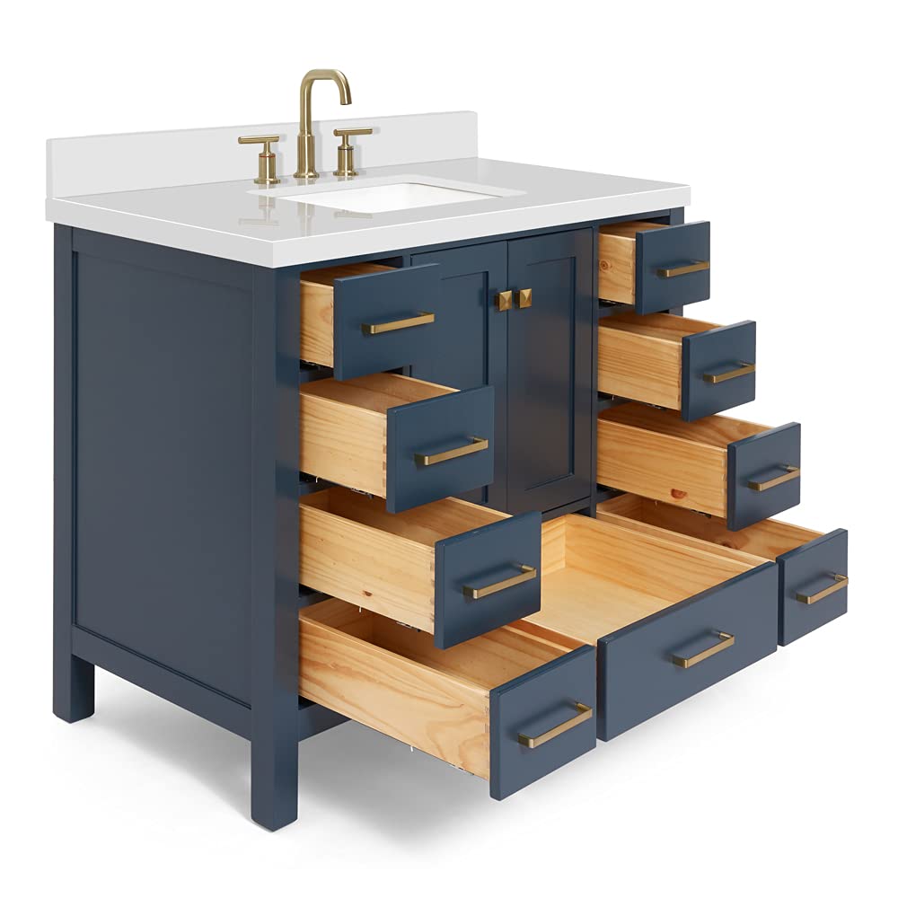 DKB Beckford 42-Inch White Bathroom Vanity with Sink, Solid Wood Base Cabinet, 1.5" White Quartz Countertop, Rectangular Sink, 2 Soft Closing Doors, 9 Drawers