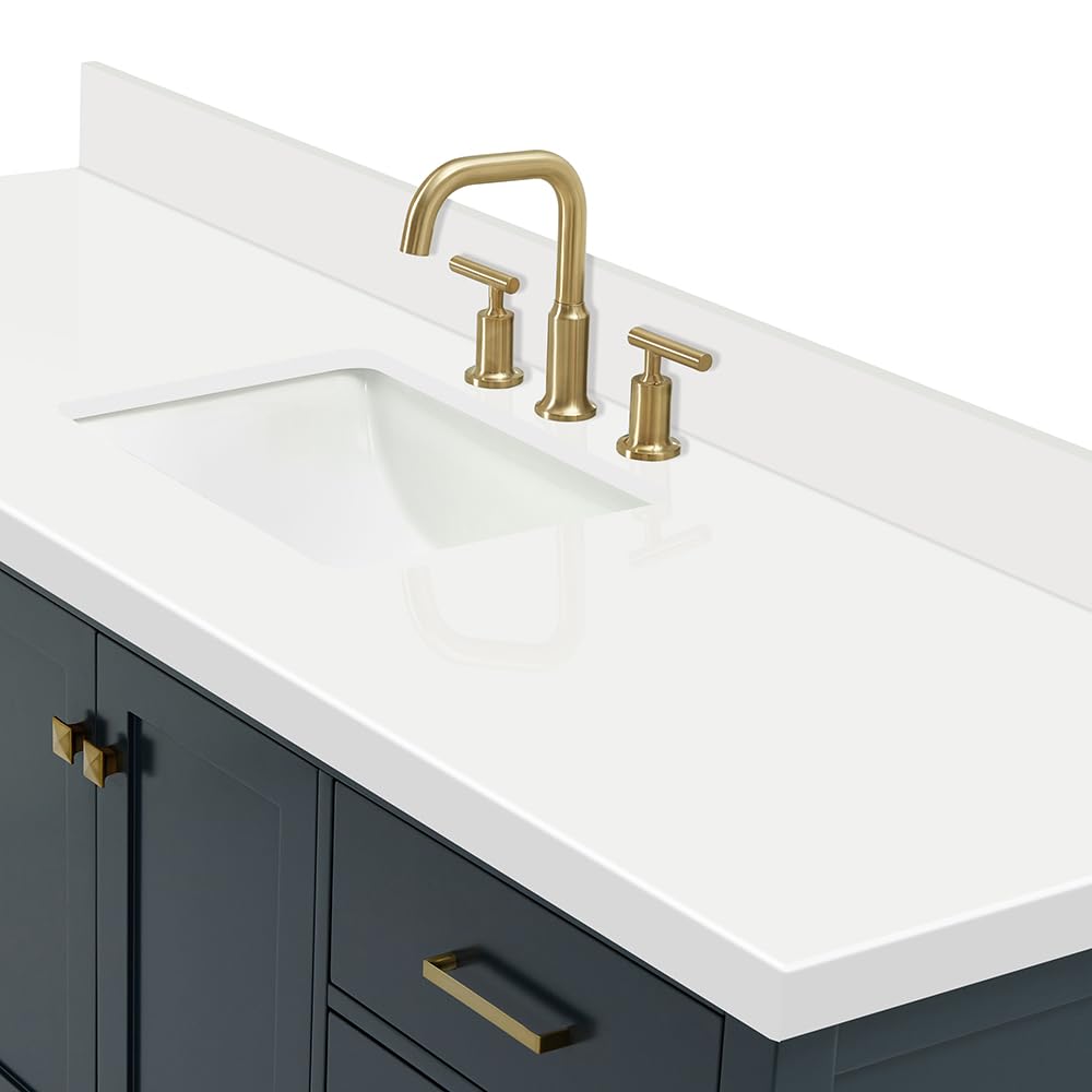 ARIEL Cambridge 66-inch Bathroom Vanity with Sink,Solid Wood, 1.5-inch Italian Carrara Marble Countertop, Single Rectangular Porcelain Sink, 2 Soft Closing Doors, 9 Dovetail Drawers, Midnight Blue