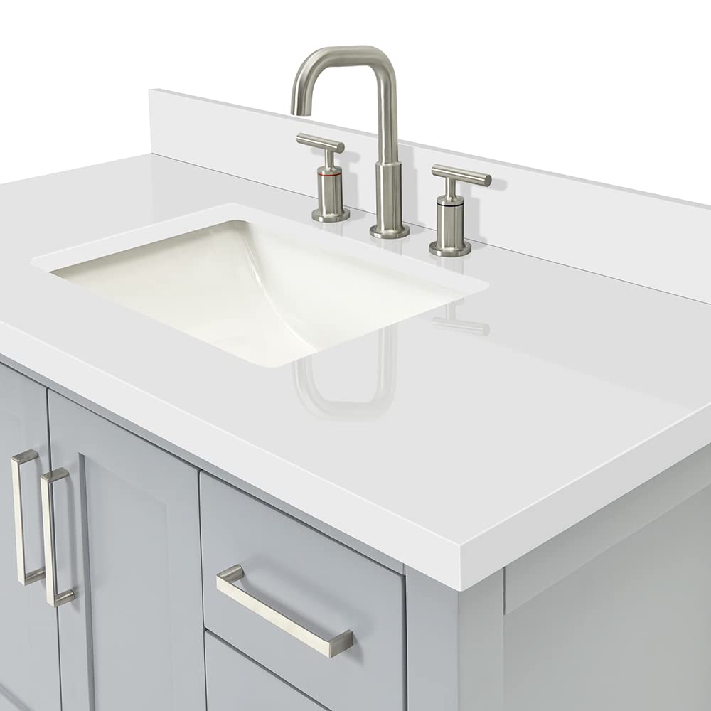 DKB Beckford 42-Inch White Bathroom Vanity with Sink, Solid Wood Base Cabinet, 1.5" White Quartz Countertop, Rectangular Sink, 2 Soft Closing Doors, 9 Drawers