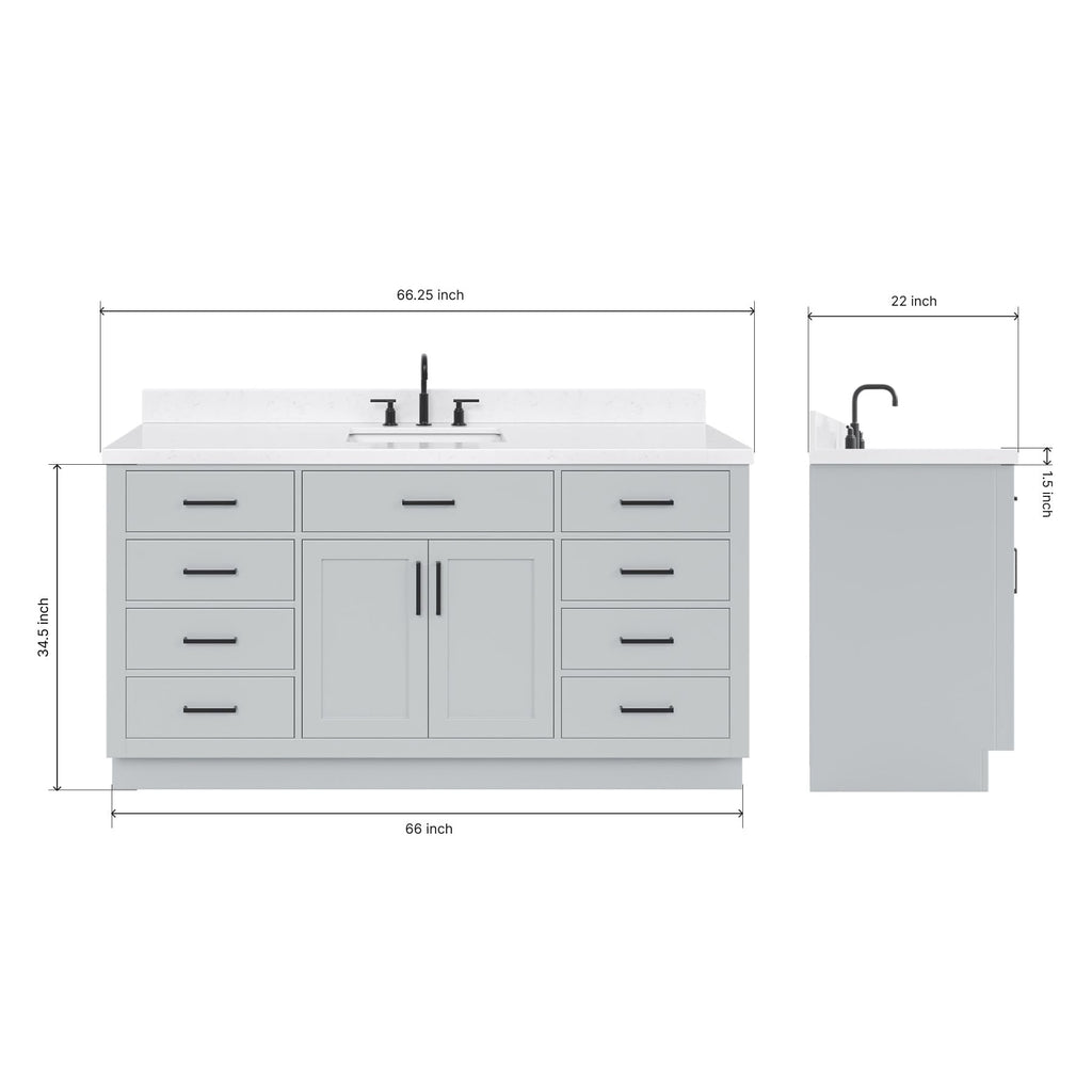 ARIEL Hepburn 66-inch Bathroom Vanity with Sink,Solid Wood, 1.5-inch Pure White Quartz Countertop & Backsplash, Single Rectangular Porcelain Sink, 2 Soft Closing Doors, 9 Dovetail Drawers, White
