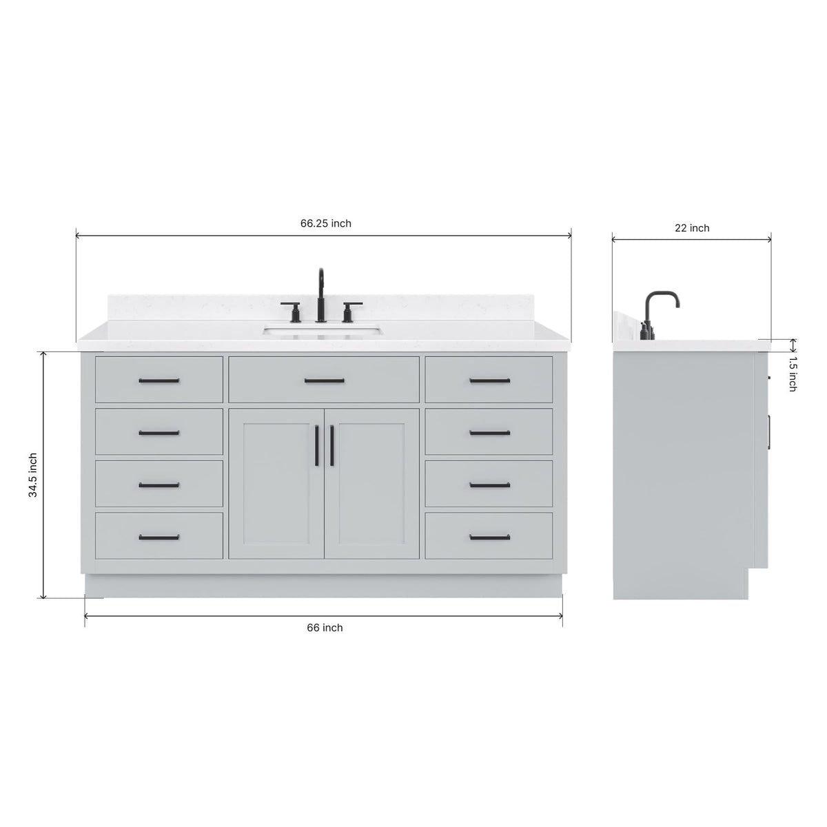 ARIEL Hepburn 66-inch Bathroom Vanity with Sink,Solid Wood, 1.5-inch Pure White Quartz Countertop & Backsplash, Single Rectangular Porcelain Sink, 2 Soft Closing Doors, 9 Dovetail Drawers, White
