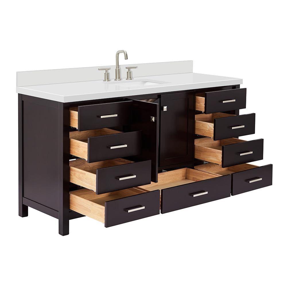 ARIEL Cambridge 66-inch Bathroom Vanity with Sink,Solid Wood, 1.5-inch Italian Carrara Marble Countertop, Single Rectangular Porcelain Sink, 2 Soft Closing Doors, 9 Dovetail Drawers, Midnight Blue