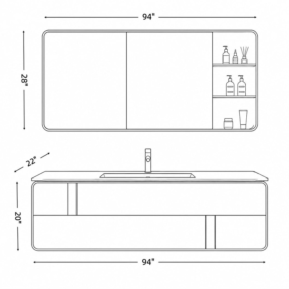 68 IN Floating Single Sink Bathroom Vanity Set with LED Mirror Cabinet