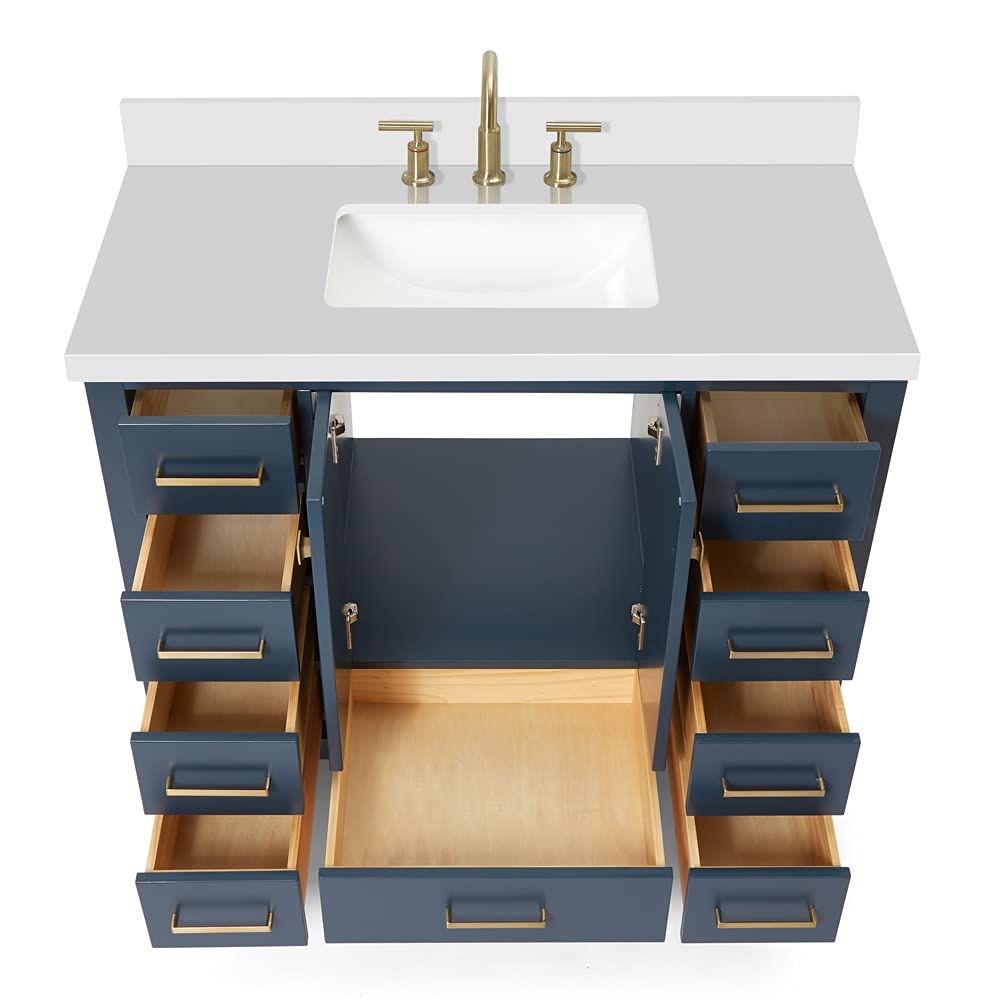 DKB Beckford 42-Inch White Bathroom Vanity with Sink, Solid Wood Base Cabinet, 1.5" White Quartz Countertop, Rectangular Sink, 2 Soft Closing Doors, 9 Drawers