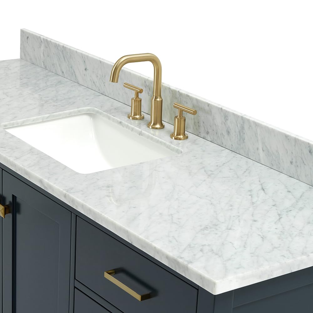 ARIEL Cambridge 66-inch Bathroom Vanity with Sink,Solid Wood, 1.5-inch Italian Carrara Marble Countertop, Single Rectangular Porcelain Sink, 2 Soft Closing Doors, 9 Dovetail Drawers, Midnight Blue