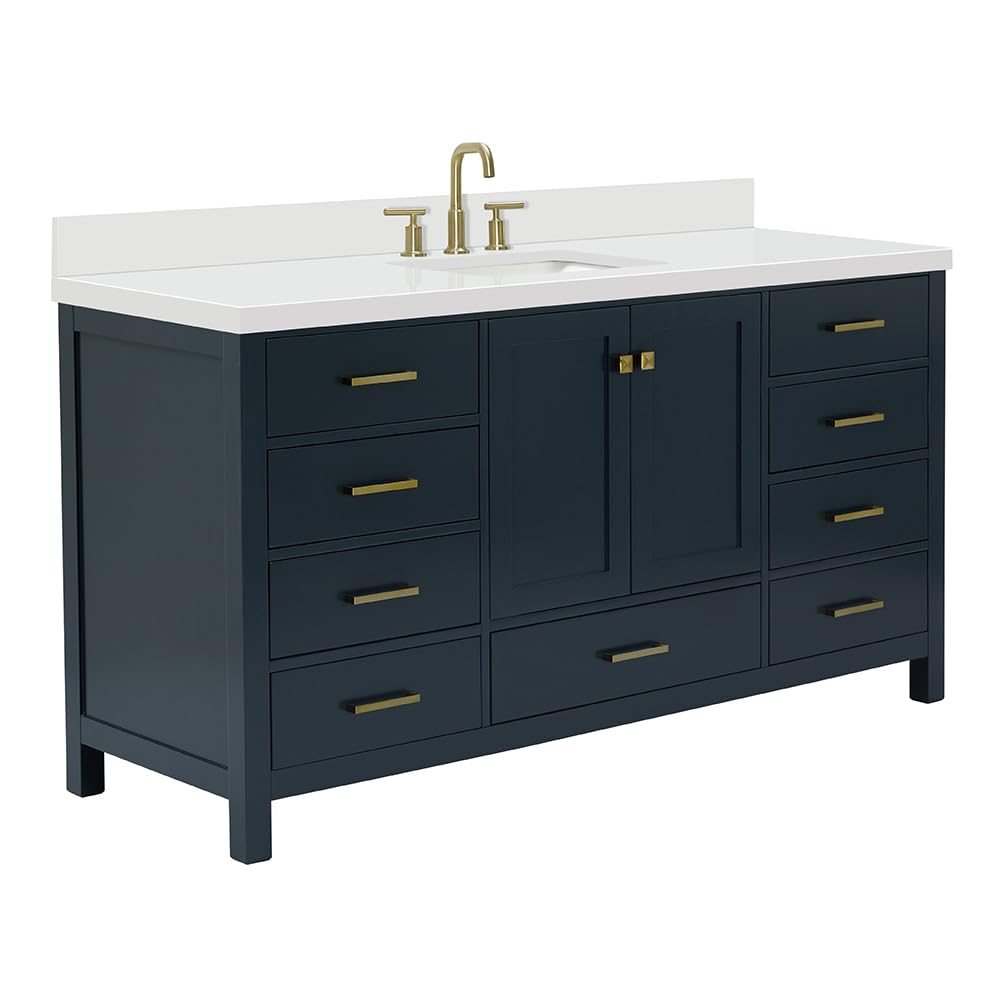 ARIEL Cambridge 66-inch Bathroom Vanity with Sink,Solid Wood, 1.5-inch Italian Carrara Marble Countertop, Single Rectangular Porcelain Sink, 2 Soft Closing Doors, 9 Dovetail Drawers, Midnight Blue
