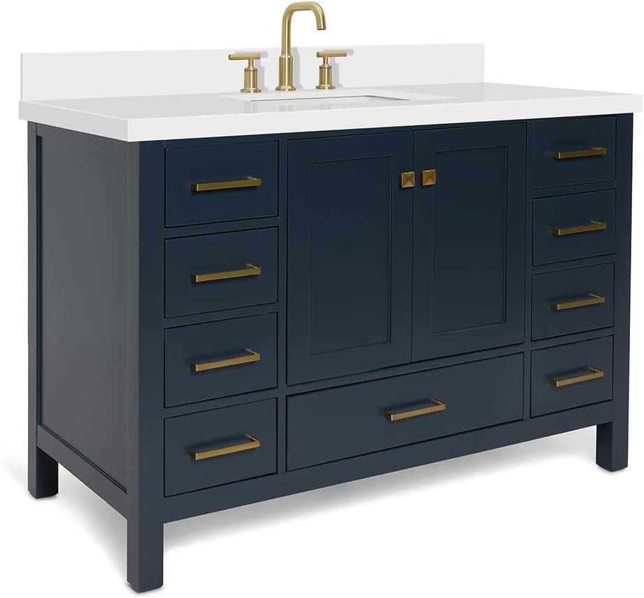ARIEL Cambridge 48-inch Bathroom Vanity with Sink,Solid Wood, 1.5-inch Pure White Quartz Countertop, Single Rectangular Porcelain Sink, 2 Soft Closing Doors, 9 Dovetail Drawers, Midnight Blue