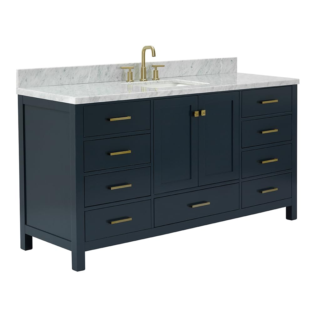 ARIEL Cambridge 66-inch Bathroom Vanity with Sink,Solid Wood, 1.5-inch Italian Carrara Marble Countertop, Single Rectangular Porcelain Sink, 2 Soft Closing Doors, 9 Dovetail Drawers, Midnight Blue