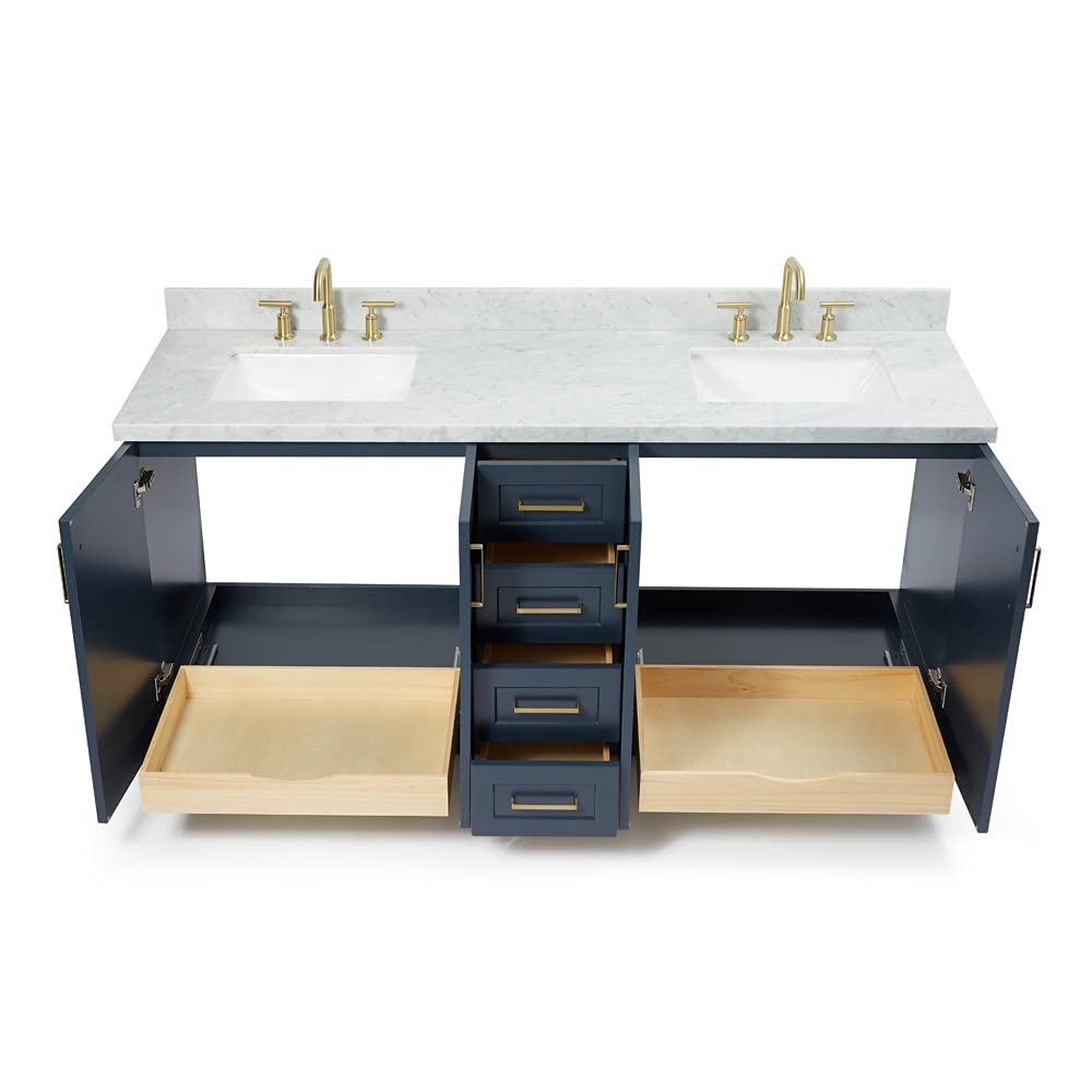 DKB Isabella 72" Oak Double Bathroom Vanity with Sink, 1.5" Carrara White Marble Countertop, Rectangle Undermount Sinks, 4 Soft Closing Doors, 6 Dovetail Drawers