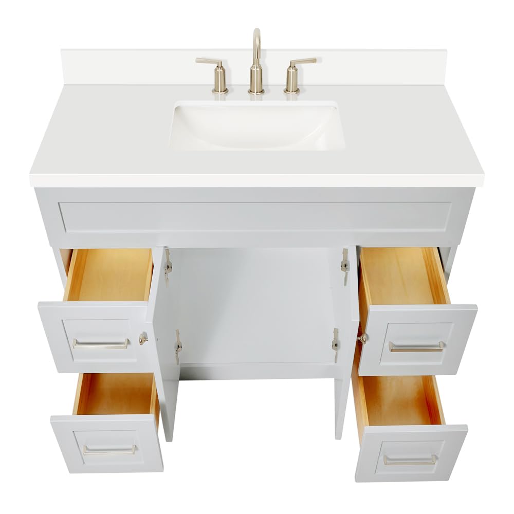 DKB Beckford 42-Inch White Bathroom Vanity with Sink, Solid Wood Base Cabinet, 1.5" White Quartz Countertop, Rectangular Sink, 2 Soft Closing Doors, 9 Drawers