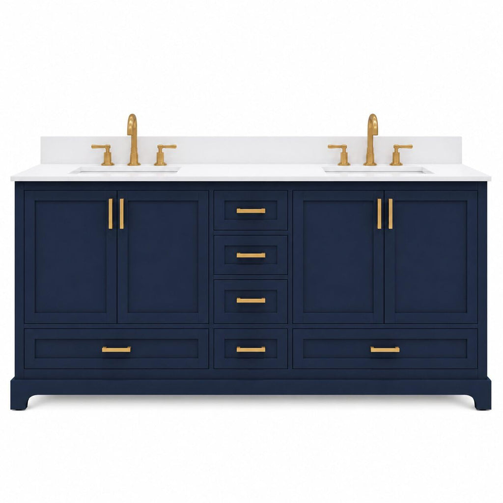 Ayna Decors Maya 72 Inch Double Vanity with Sink and Pre Drilled Faucet Holes Quartz Top in Charcoal Grey, Freestanding Bathroom Vanities with Soft Close Doors and Drawers - Brushed Gold Hardware