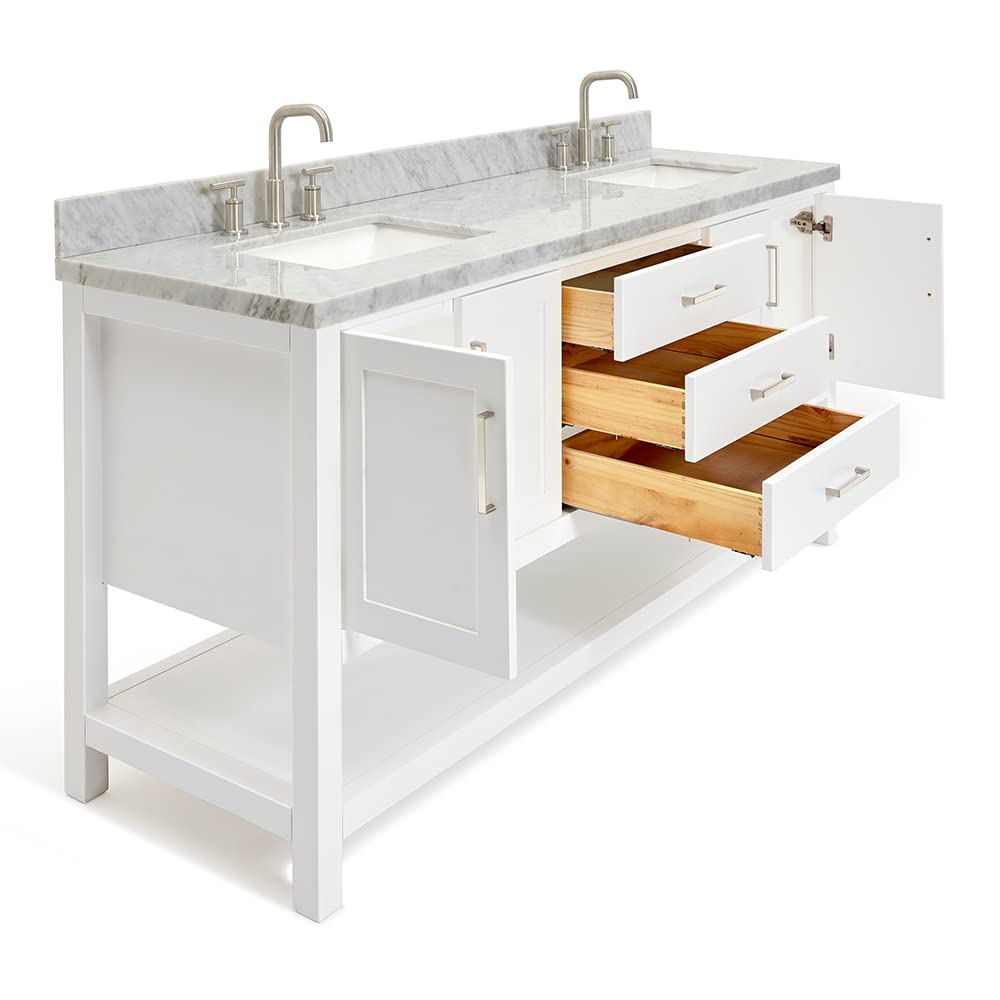 DKB Isabella 72" Oak Double Bathroom Vanity with Sink, 1.5" Carrara White Marble Countertop, Rectangle Undermount Sinks, 4 Soft Closing Doors, 6 Dovetail Drawers