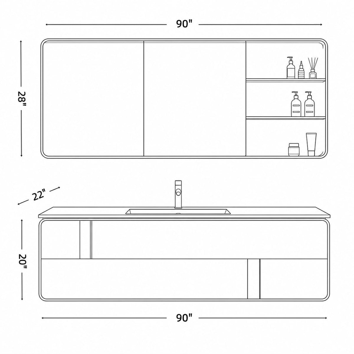 52 in Floating Single Sink Bathroom Vanity with LED Mirror