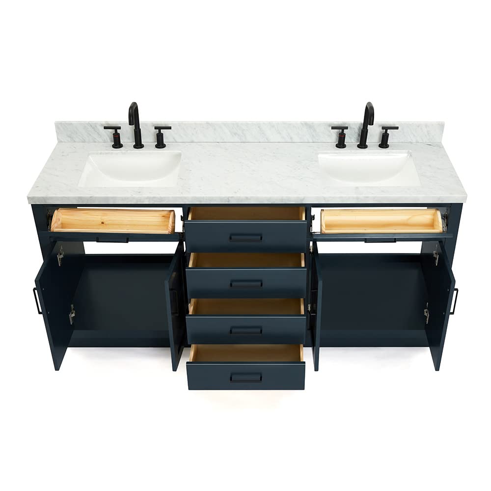 DKB Isabella 72" Oak Double Bathroom Vanity with Sink, 1.5" Carrara White Marble Countertop, Rectangle Undermount Sinks, 4 Soft Closing Doors, 6 Dovetail Drawers