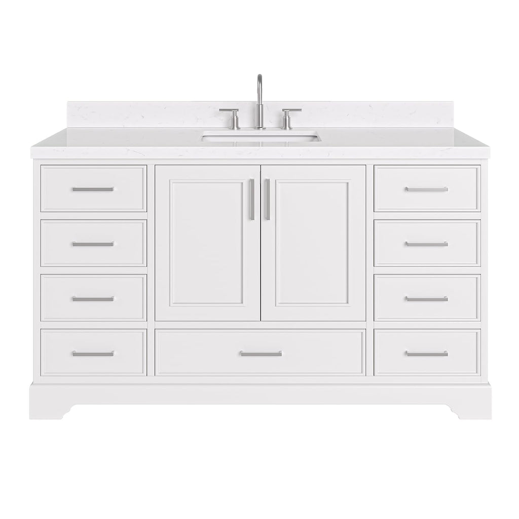 DKB Isabella 60 Inch Bathroom Vanity Single Sink â White Bathroom Vanity with Sink, 1.5" Edge Carrara White Quartz Countertop, Solid Wood, 2 Soft-Close Doors, 8 Dovetail Drawers + Tilt Drawer