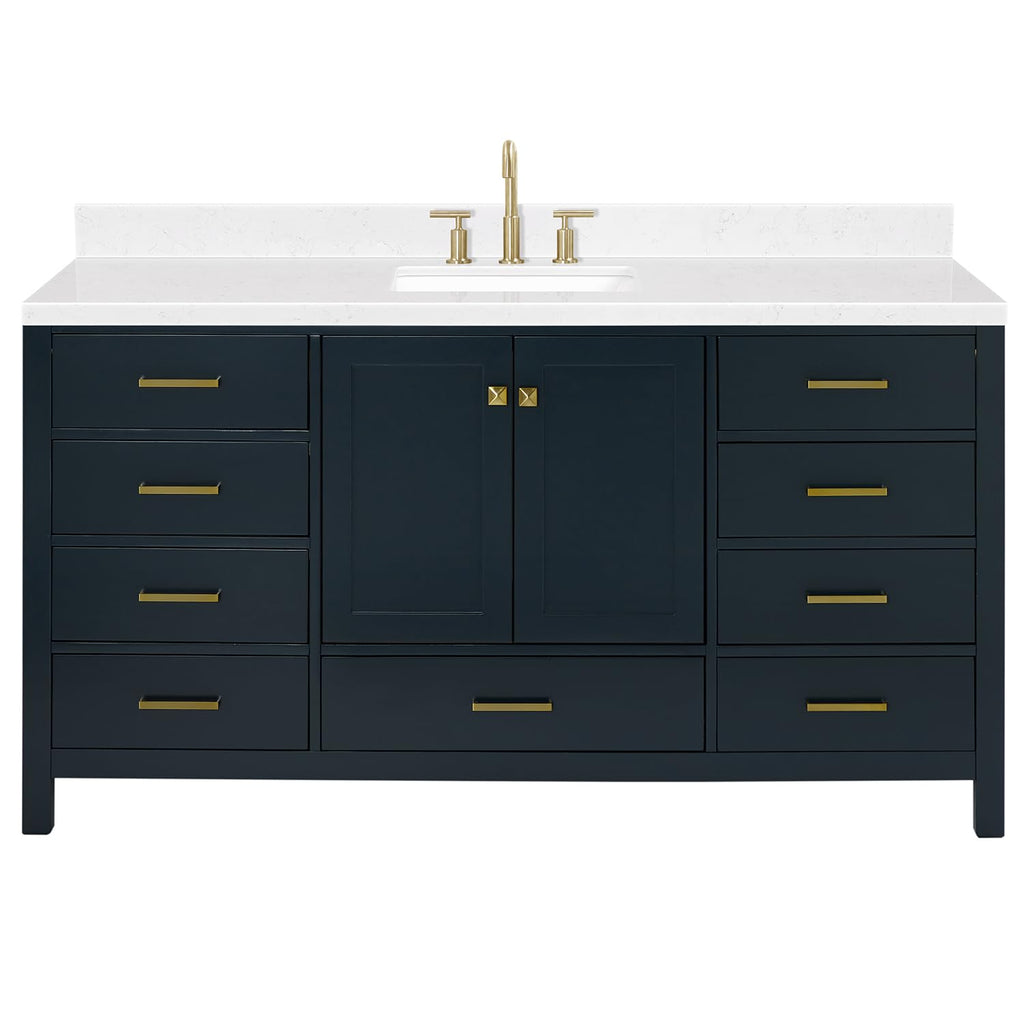 ARIEL Cambridge 66-inch Bathroom Vanity with Sink,Solid Wood, 1.5-inch Italian Carrara Marble Countertop, Single Rectangular Porcelain Sink, 2 Soft Closing Doors, 9 Dovetail Drawers, Midnight Blue