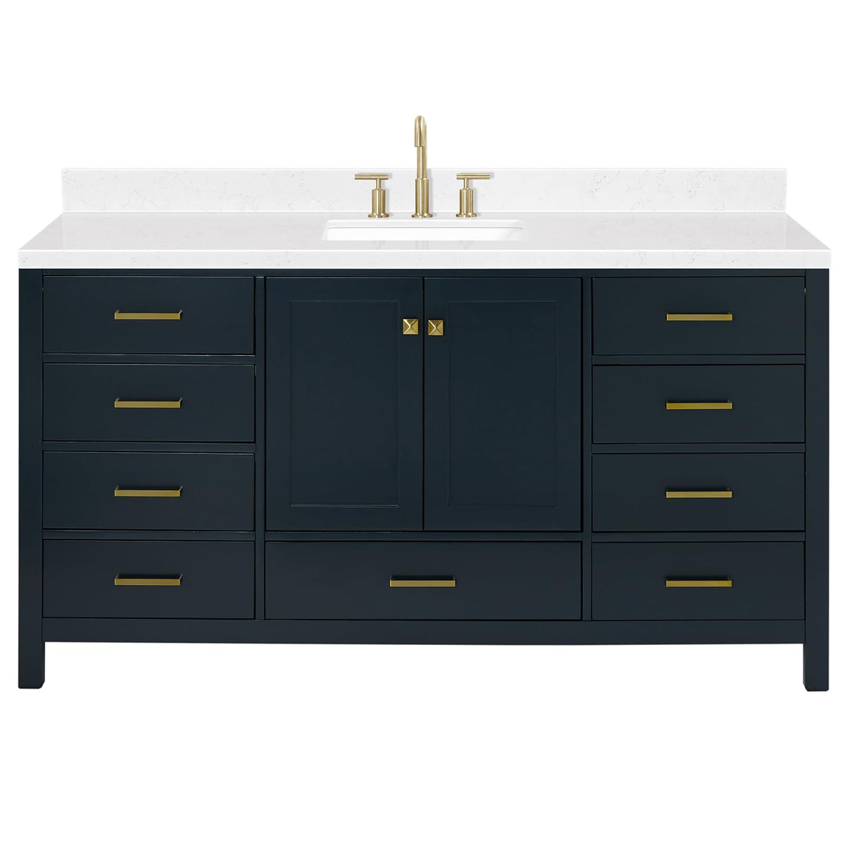 ARIEL Cambridge 66-inch Bathroom Vanity with Sink,Solid Wood, 1.5-inch Italian Carrara Marble Countertop, Single Rectangular Porcelain Sink, 2 Soft Closing Doors, 9 Dovetail Drawers, Midnight Blue