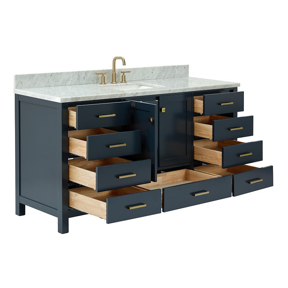 ARIEL Cambridge 66-inch Bathroom Vanity with Sink,Solid Wood, 1.5-inch Italian Carrara Marble Countertop, Single Rectangular Porcelain Sink, 2 Soft Closing Doors, 9 Dovetail Drawers, Midnight Blue