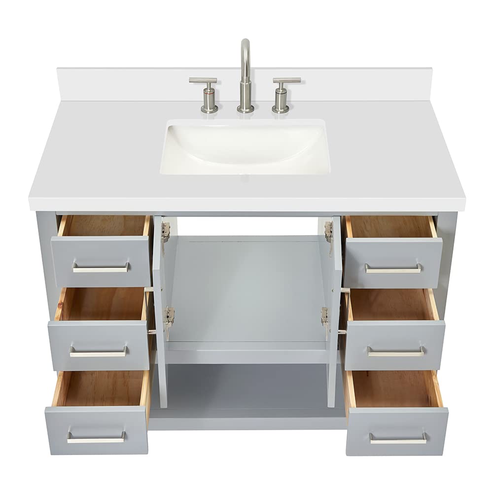 DKB Beckford 42-Inch White Bathroom Vanity with Sink, Solid Wood Base Cabinet, 1.5" White Quartz Countertop, Rectangular Sink, 2 Soft Closing Doors, 9 Drawers