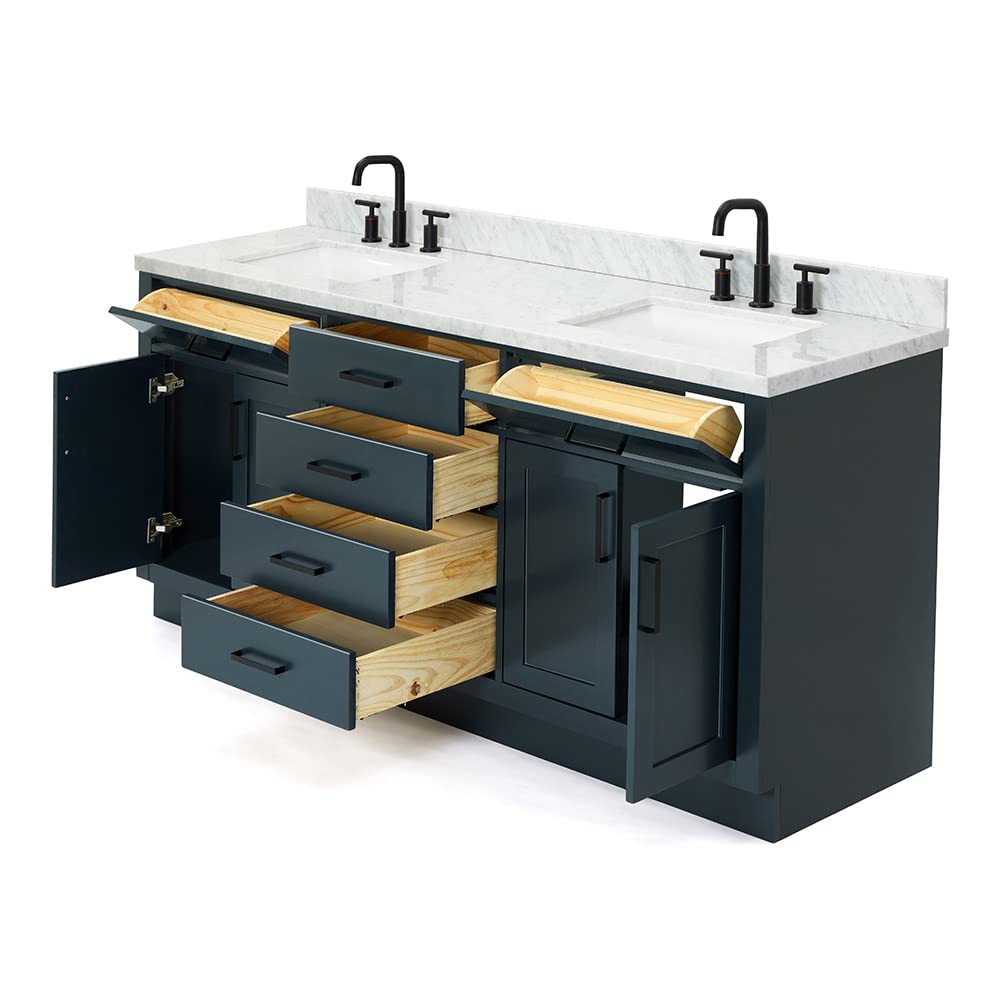 DKB Isabella 72" Oak Double Bathroom Vanity with Sink, 1.5" Carrara White Marble Countertop, Rectangle Undermount Sinks, 4 Soft Closing Doors, 6 Dovetail Drawers