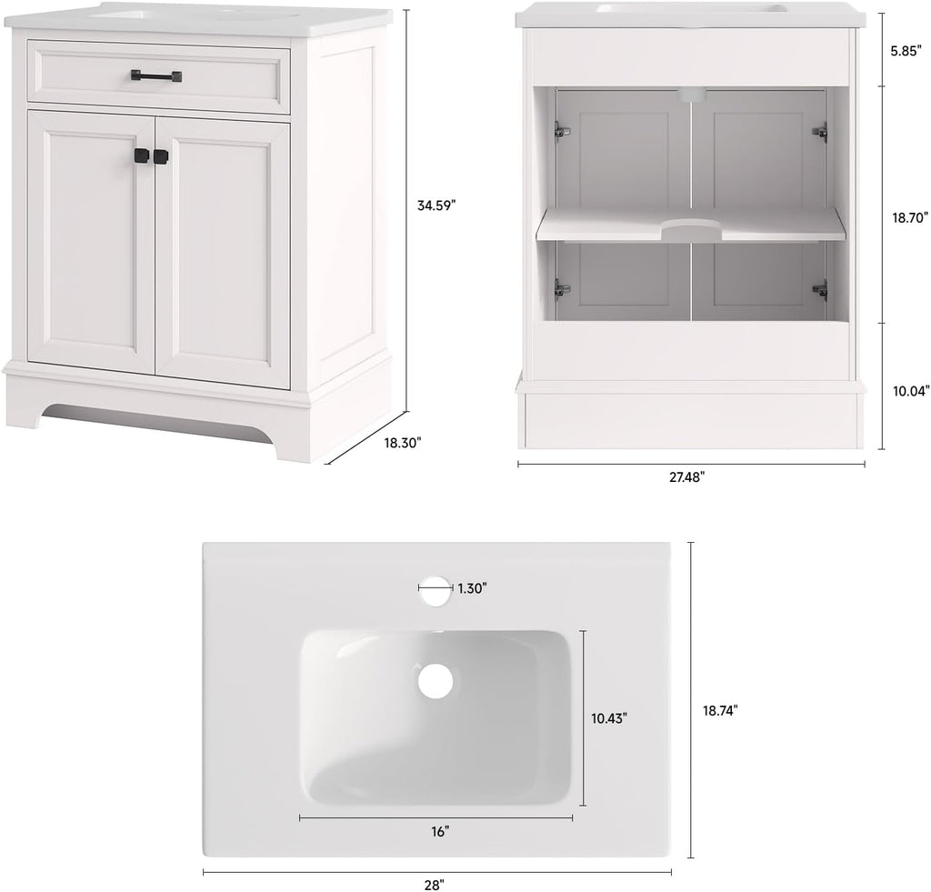 ONBRILL 28" Bathroom Vanity with Ceramic Sink, Soft Close Doors,White
