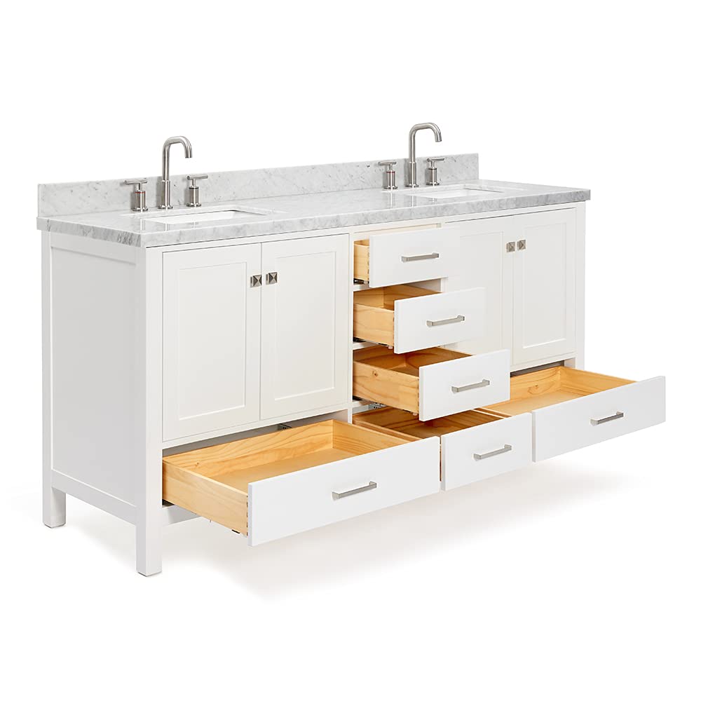 DKB Isabella 72" Oak Double Bathroom Vanity with Sink, 1.5" Carrara White Marble Countertop, Rectangle Undermount Sinks, 4 Soft Closing Doors, 6 Dovetail Drawers