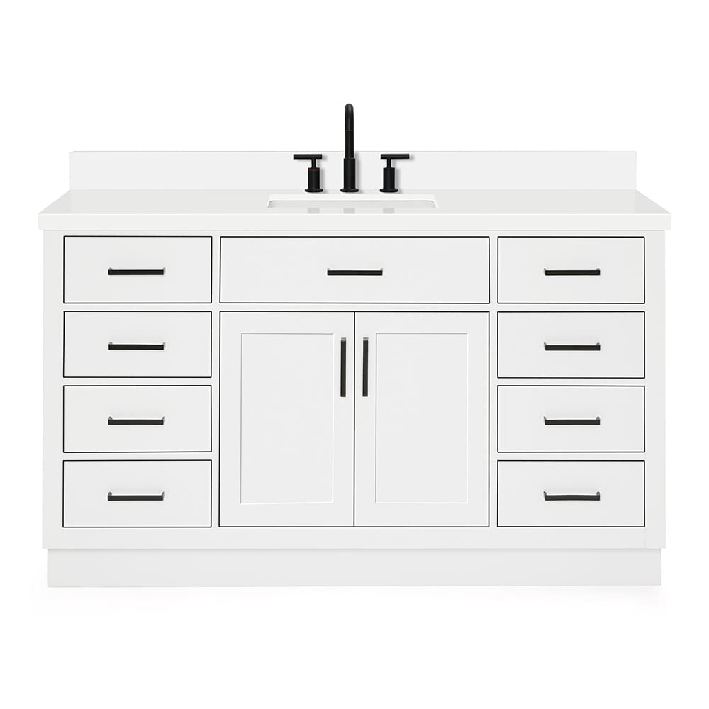 ARIEL Hepburn 60-inch Bathroom Vanity with Sink,Solid Wood, 1.5-inch Carrara White Quartz Countertop & Backsplash, Single Rectangular Porcelain Sink, 2 Soft Closing Doors, 9 Dovetail Drawers, Black
