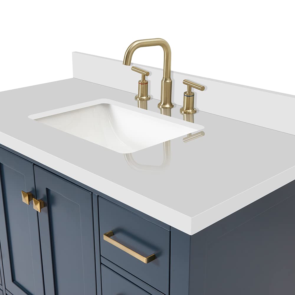 DKB Beckford 42-Inch White Bathroom Vanity with Sink, Solid Wood Base Cabinet, 1.5" White Quartz Countertop, Rectangular Sink, 2 Soft Closing Doors, 9 Drawers