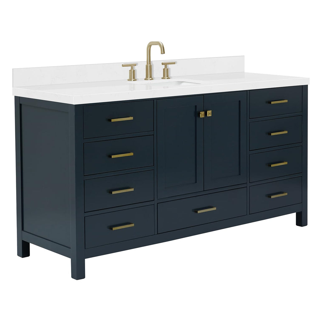 ARIEL Cambridge 66-inch Bathroom Vanity with Sink,Solid Wood, 1.5-inch Italian Carrara Marble Countertop, Single Rectangular Porcelain Sink, 2 Soft Closing Doors, 9 Dovetail Drawers, Midnight Blue