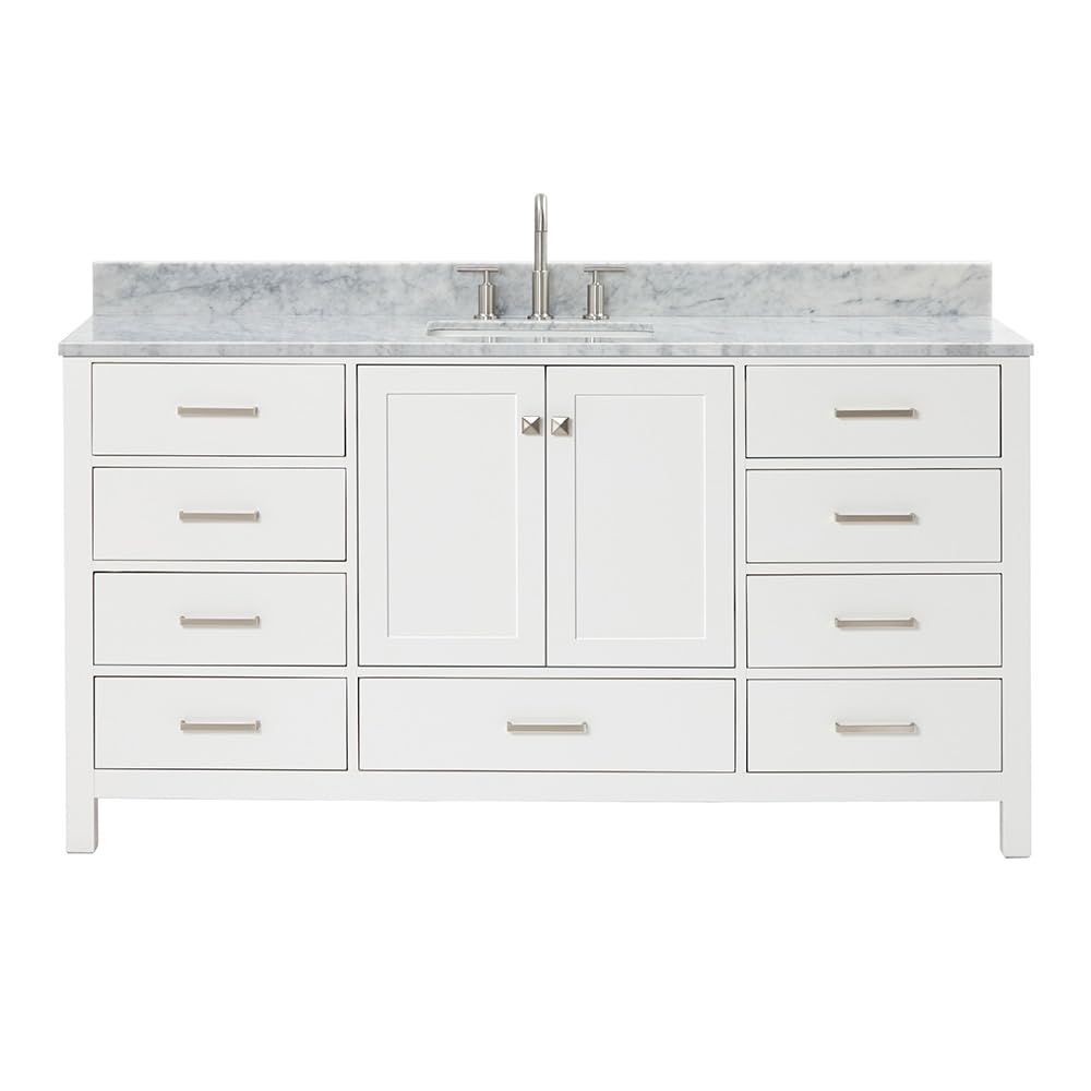 ARIEL Cambridge 66-inch Bathroom Vanity with Sink,Solid Wood, 1.5-inch Italian Carrara Marble Countertop, Single Rectangular Porcelain Sink, 2 Soft Closing Doors, 9 Dovetail Drawers, Midnight Blue