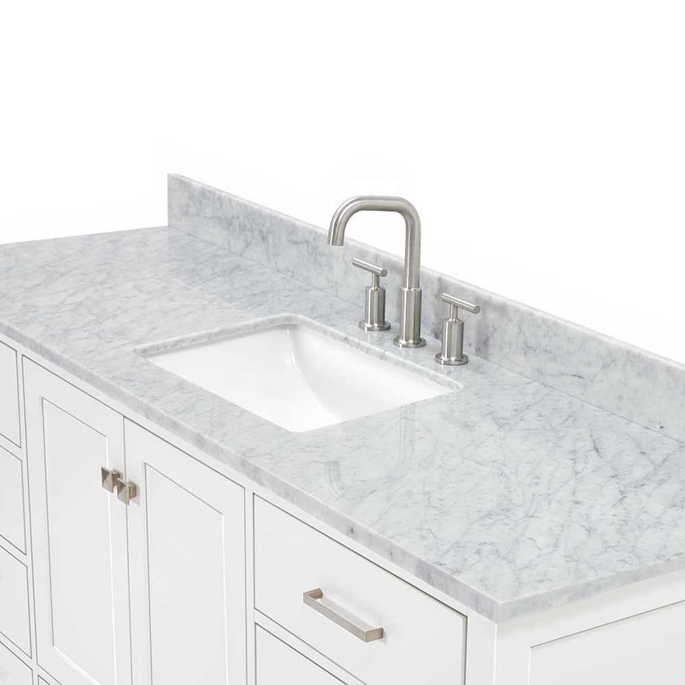 ARIEL Cambridge 66-inch Bathroom Vanity with Sink,Solid Wood, 1.5-inch Italian Carrara Marble Countertop, Single Rectangular Porcelain Sink, 2 Soft Closing Doors, 9 Dovetail Drawers, Midnight Blue
