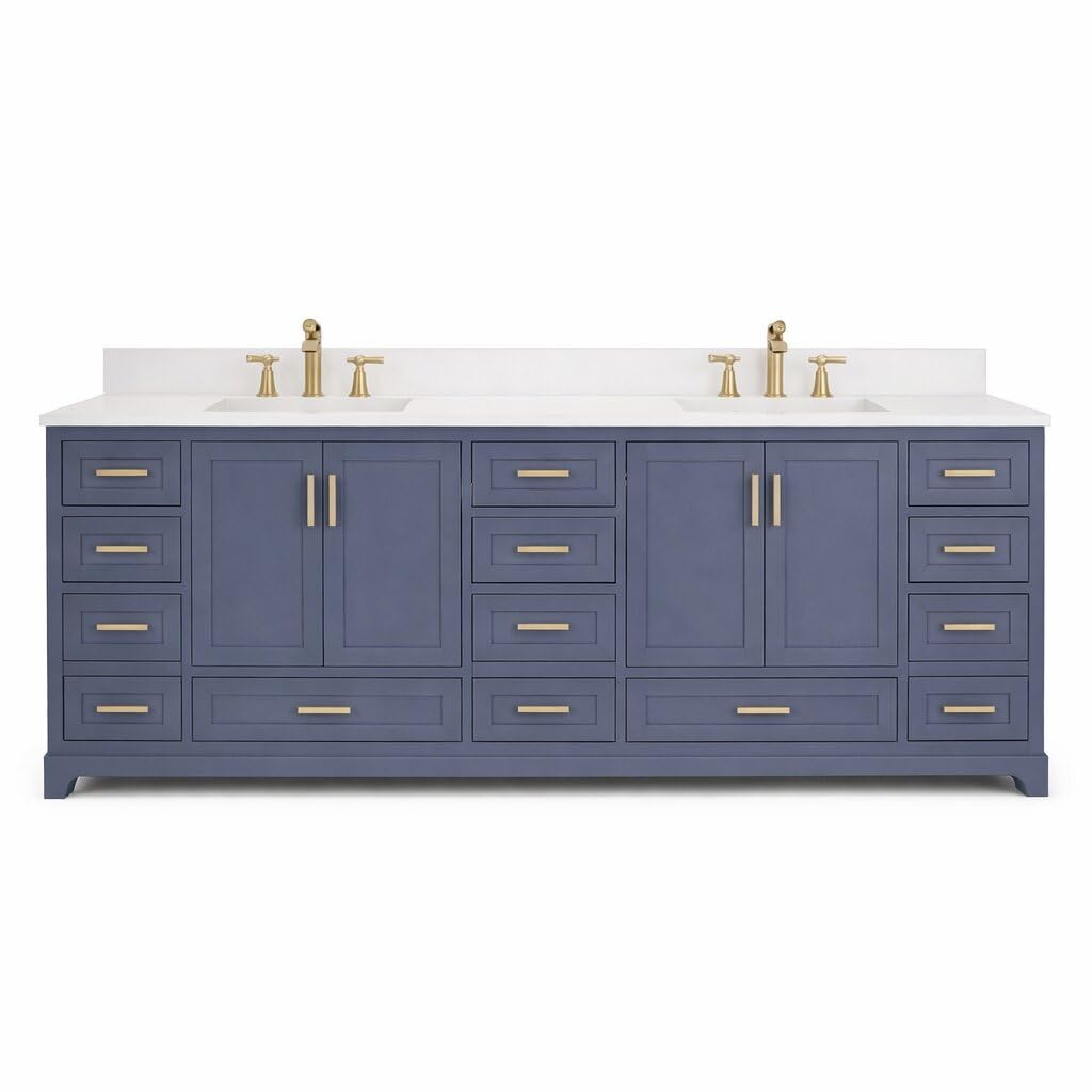 Ayna Decors Maya 72 Inch Double Vanity with Sink and Pre Drilled Faucet Holes Quartz Top in Charcoal Grey, Freestanding Bathroom Vanities with Soft Close Doors and Drawers - Brushed Gold Hardware
