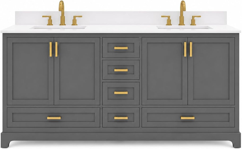 Ayna Decors Maya 72 Inch Double Vanity with Sink and Pre Drilled Faucet Holes Quartz Top in Charcoal Grey, Freestanding Bathroom Vanities with Soft Close Doors and Drawers - Brushed Gold Hardware