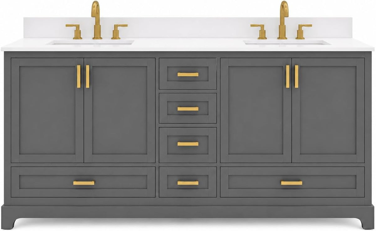 Ayna Decors Maya 72 Inch Double Vanity with Sink and Pre Drilled Faucet Holes Quartz Top in Charcoal Grey, Freestanding Bathroom Vanities with Soft Close Doors and Drawers - Brushed Gold Hardware