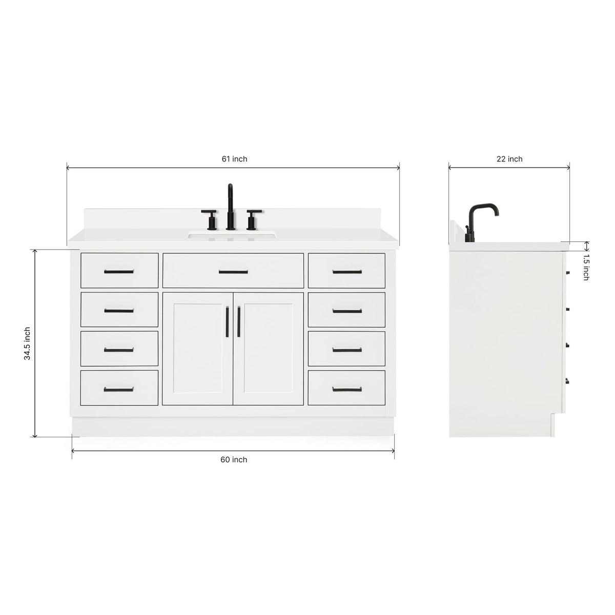 ARIEL Hepburn 60-inch Bathroom Vanity with Sink,Solid Wood, 1.5-inch Carrara White Quartz Countertop & Backsplash, Single Rectangular Porcelain Sink, 2 Soft Closing Doors, 9 Dovetail Drawers, Black