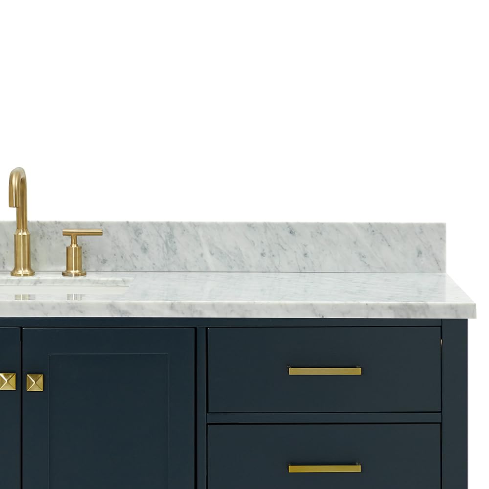 ARIEL Cambridge 66-inch Bathroom Vanity with Sink,Solid Wood, 1.5-inch Italian Carrara Marble Countertop, Single Rectangular Porcelain Sink, 2 Soft Closing Doors, 9 Dovetail Drawers, Midnight Blue