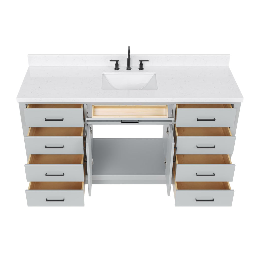 ARIEL Hepburn 66-inch Bathroom Vanity with Sink,Solid Wood, 1.5-inch Pure White Quartz Countertop & Backsplash, Single Rectangular Porcelain Sink, 2 Soft Closing Doors, 9 Dovetail Drawers, White