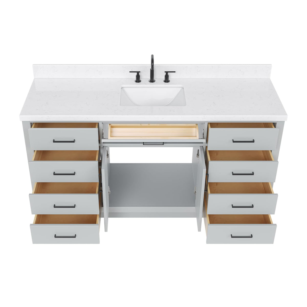 ARIEL Hepburn 66-inch Bathroom Vanity with Sink,Solid Wood, 1.5-inch Pure White Quartz Countertop & Backsplash, Single Rectangular Porcelain Sink, 2 Soft Closing Doors, 9 Dovetail Drawers, White