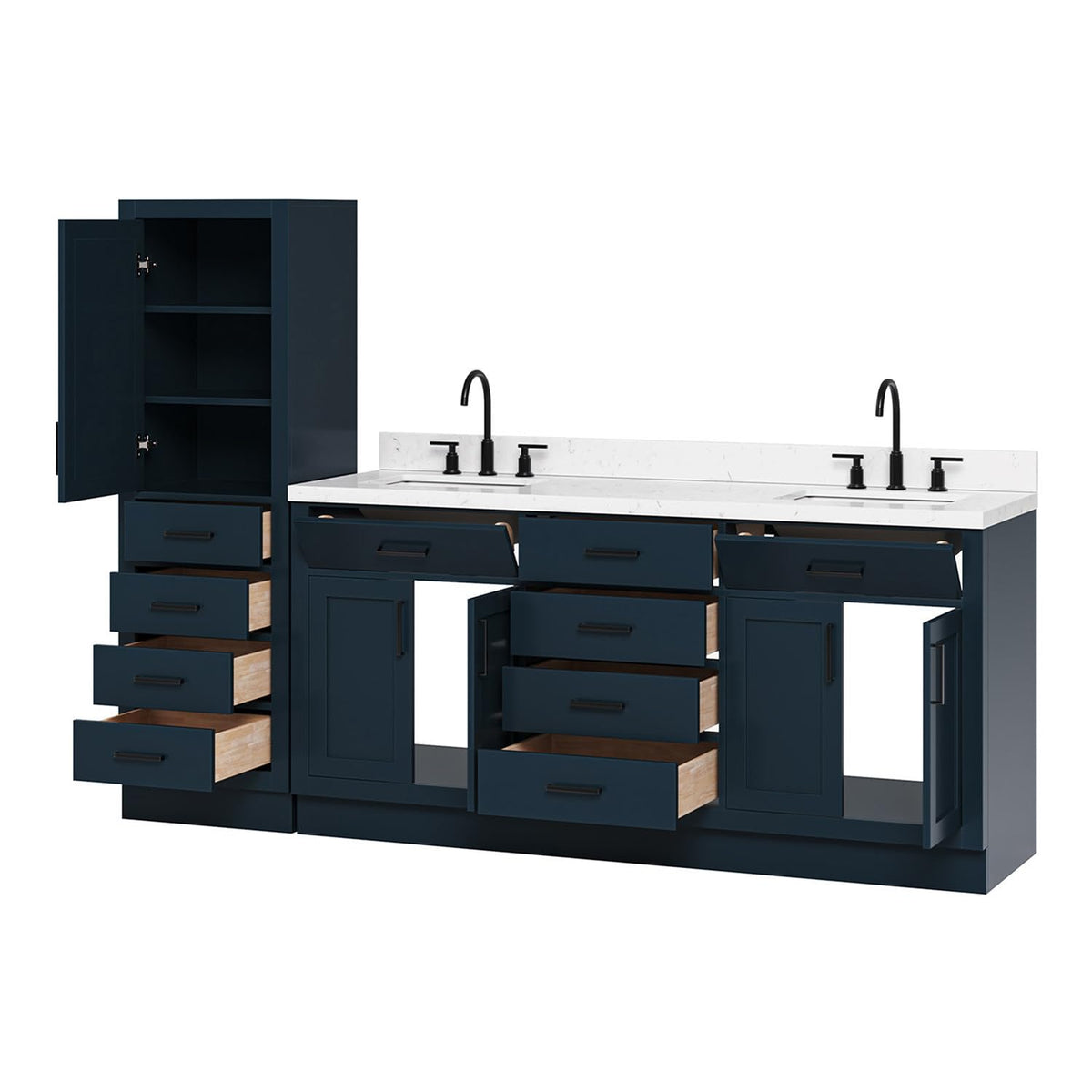 ARIEL Hepburn 92 Inch Includes 20 Inch Linen Cabinet and 1 of 72 Inch Double Rectangle Sink Bathroom Vanity with Carrara White Quartz Countertop 1.5 Inch in Natural Oak